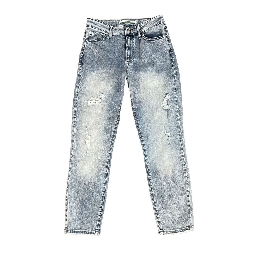 Guess 1981 Womens Crop Jeans Sz 26 Distressed Light Wash Zip Fly Logo